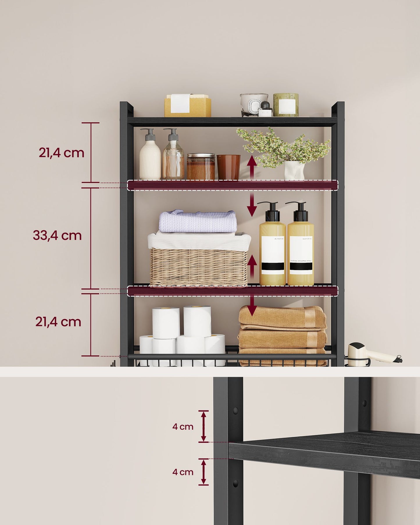 Bathroom organizer with adjustable shelves, basket and hooks over toilet - image 19