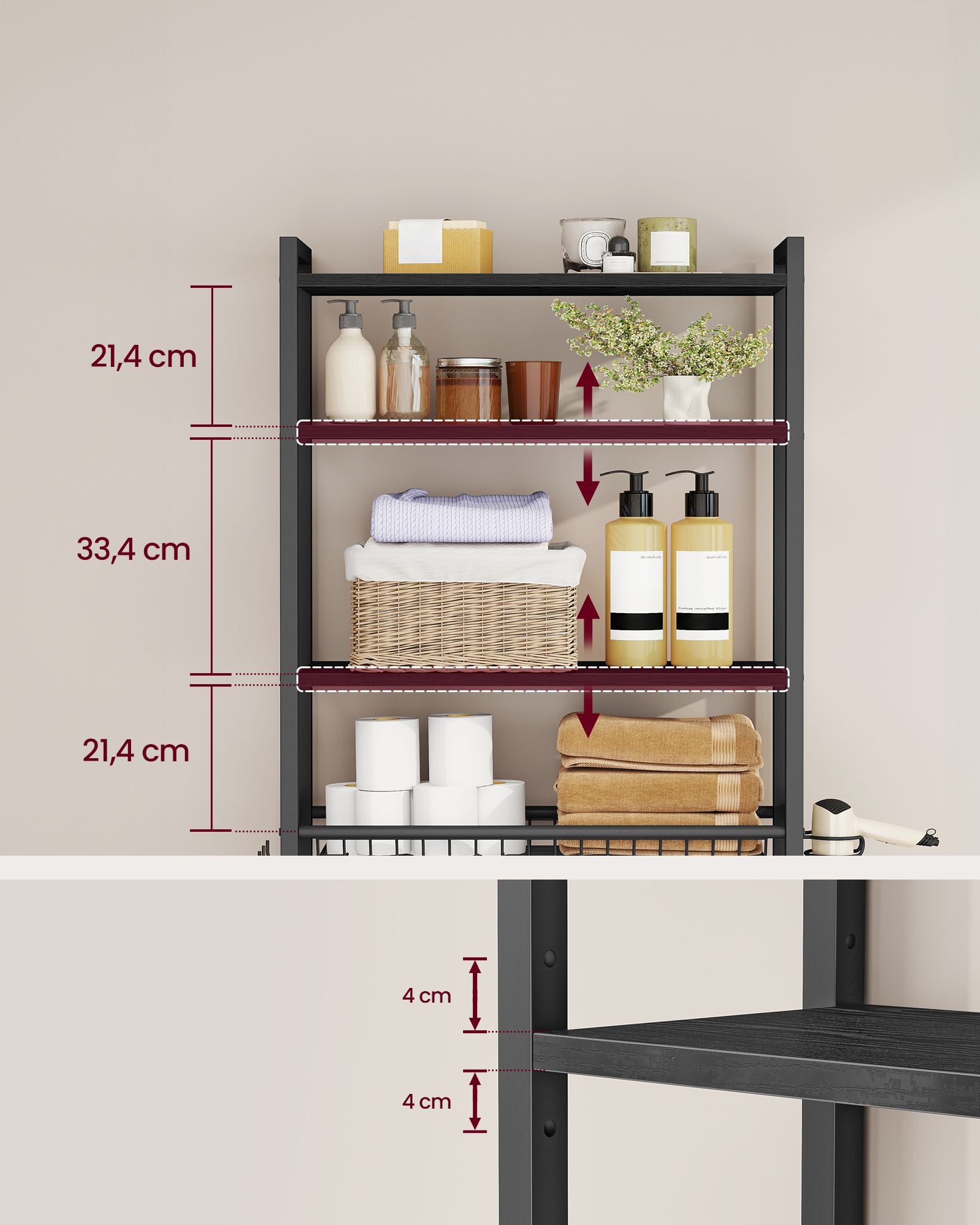 Bathroom organizer with adjustable shelves, basket and hooks over toilet - image 19