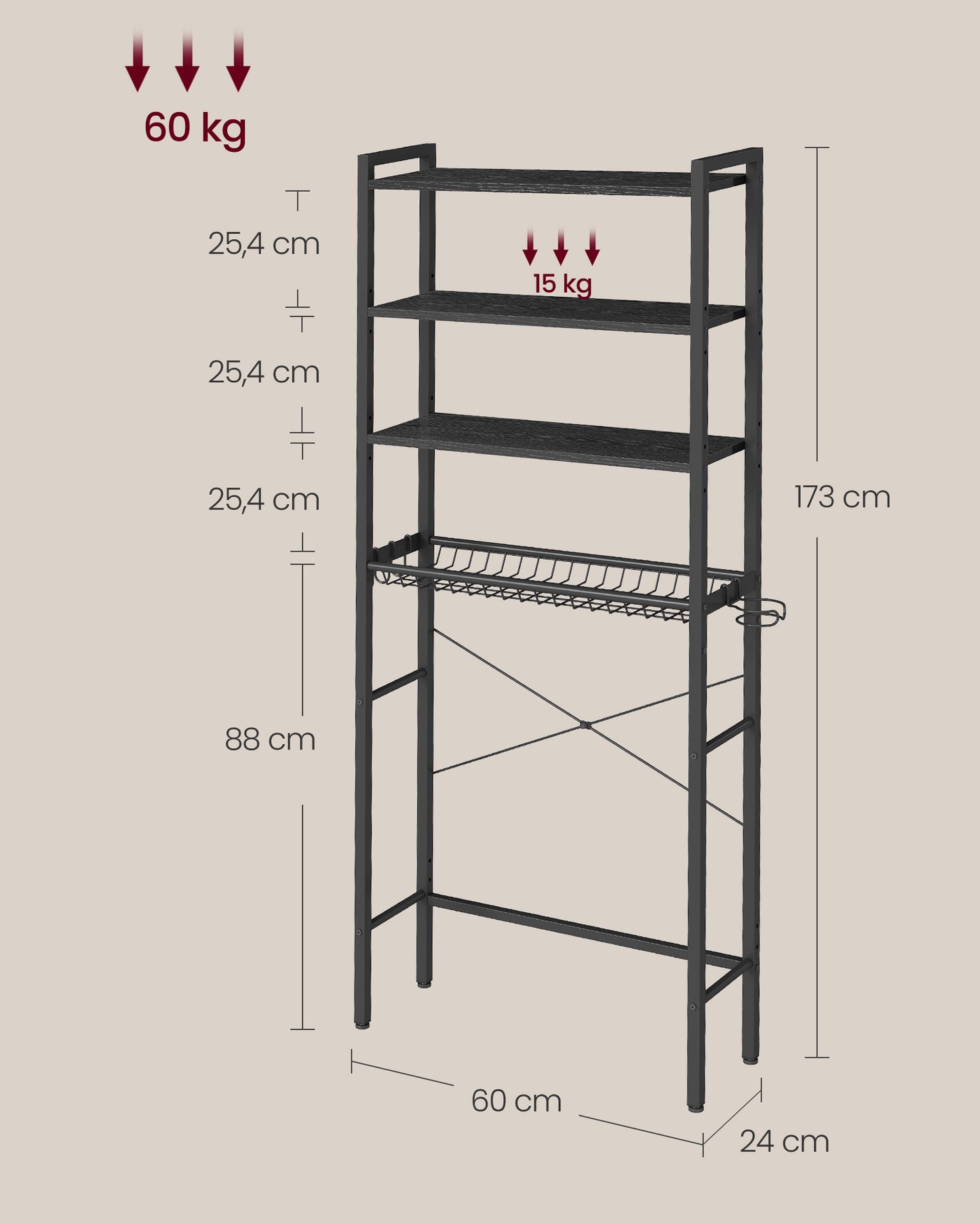 Bathroom organizer with adjustable shelves, basket and hooks over toilet - image 22
