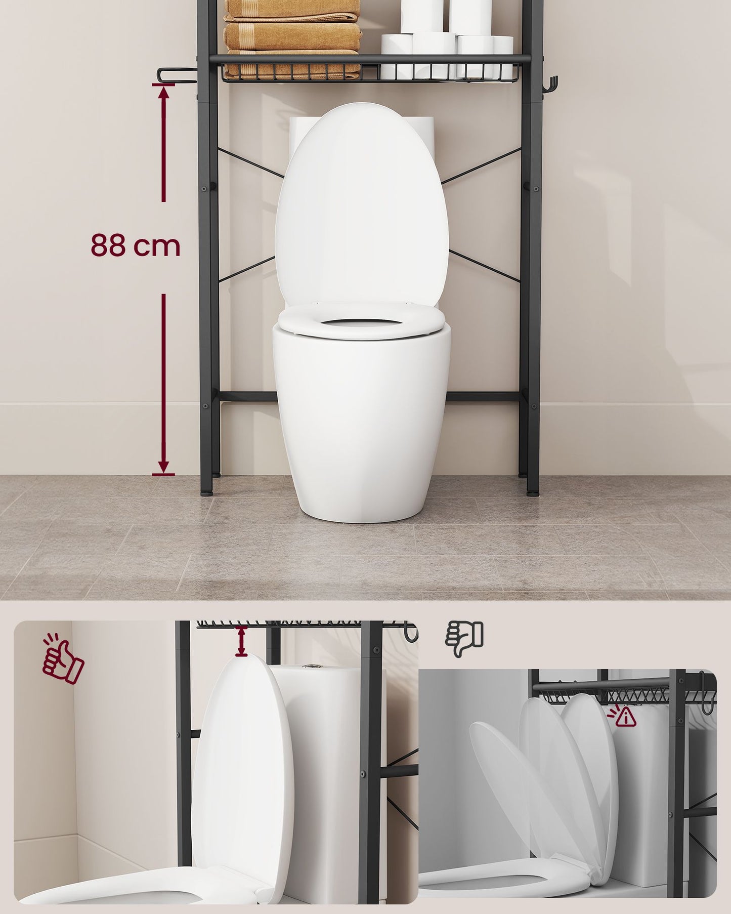 Bathroom organizer with adjustable shelves, basket and hooks over toilet - image 21