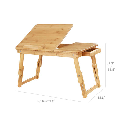 Multi Function Lapdesk Table Bed Tray Foldable Adjustable Breakfast Table Tilting Top with Storage Drawer Bamboo Wood Natural