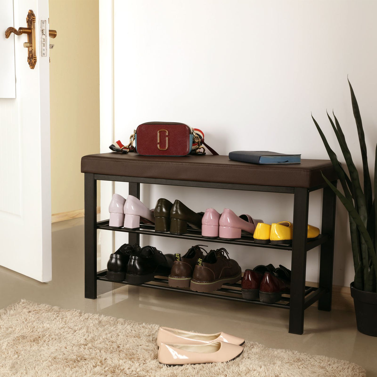 Shoe Bench, 3-Tier Shoe Rack for Entryway, Storage Organizer with Foam Padded Seat