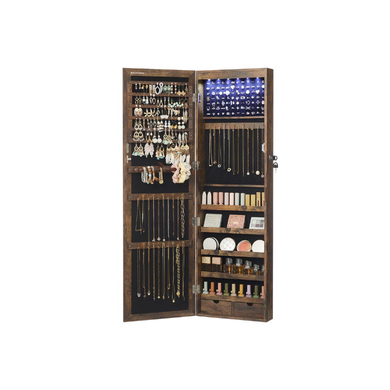 6 LEDs Jewelry Cabinet, Lockable Wall/Door Mounted Jewelry Armoire Organizer with Mirror and 2 Drawers