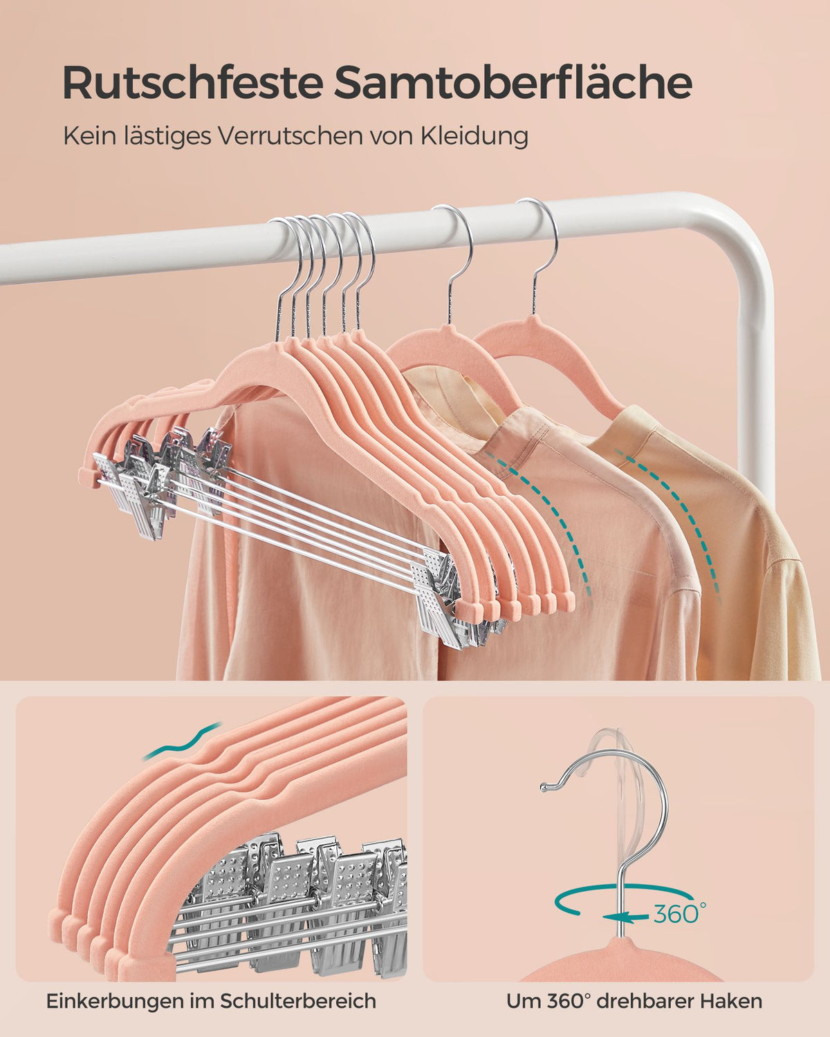 Set of 10 Velvet Hangers with Adjustable Clips Pink