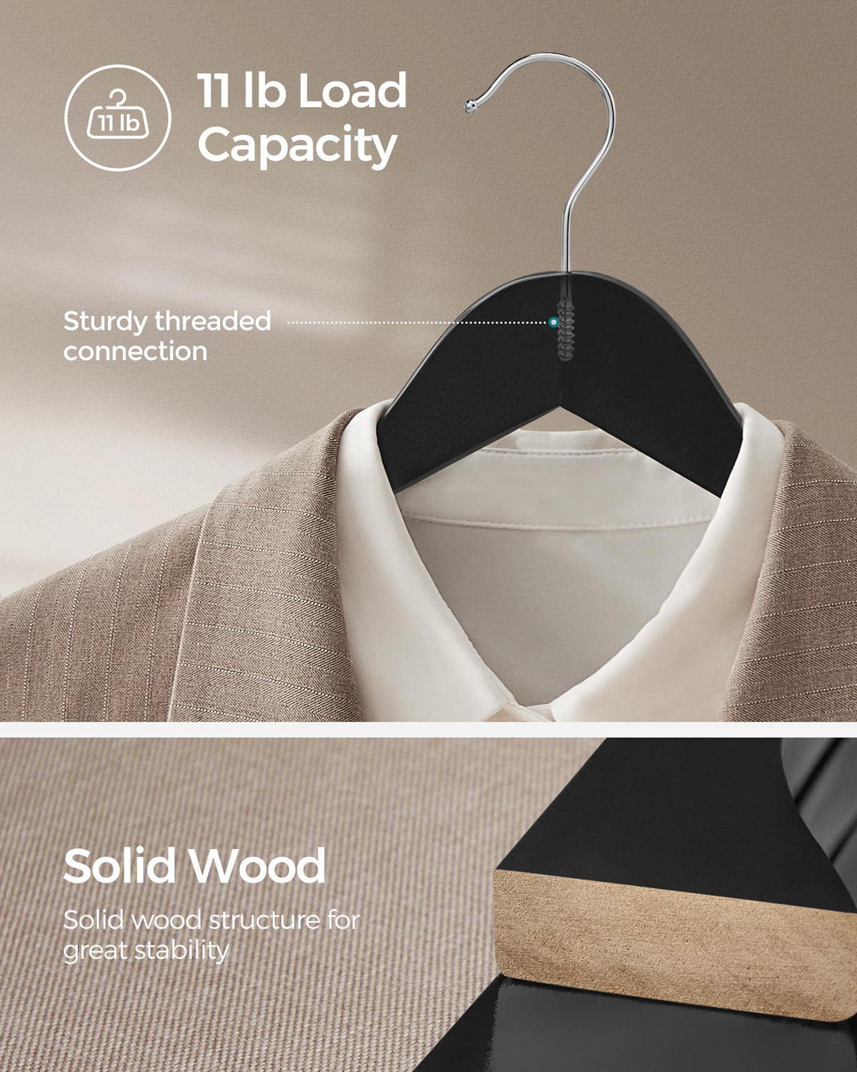 Hangers, 20 Pack Selected Solid Wooden Hangers with Smooth Finish and Human Shoulder Design, Black