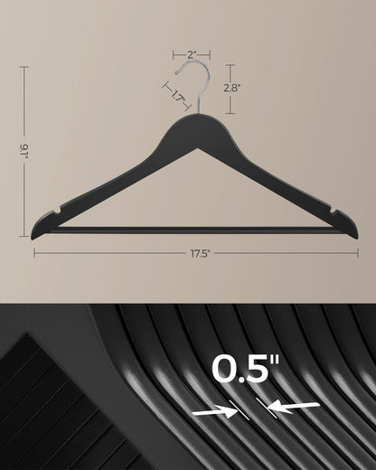 Hangers, 20 Pack Selected Solid Wooden Hangers with Smooth Finish and Human Shoulder Design, Black