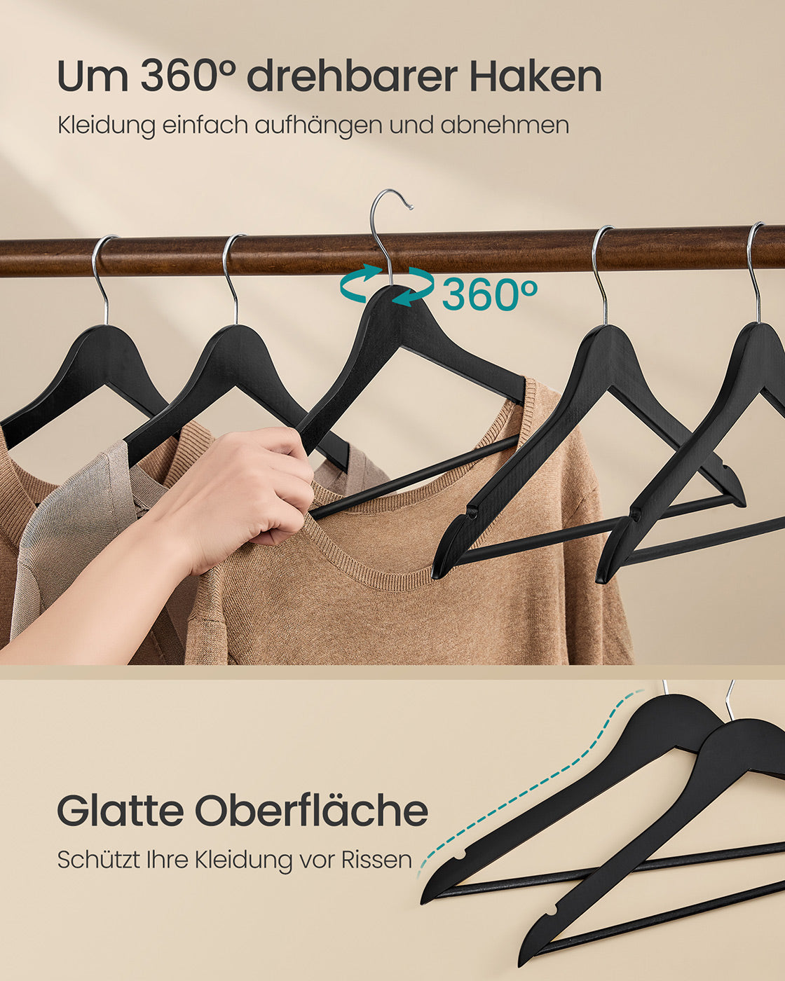 Wooden Hangers Pack of 20 Pants Bar 360° Swivel Hooks Ink Black