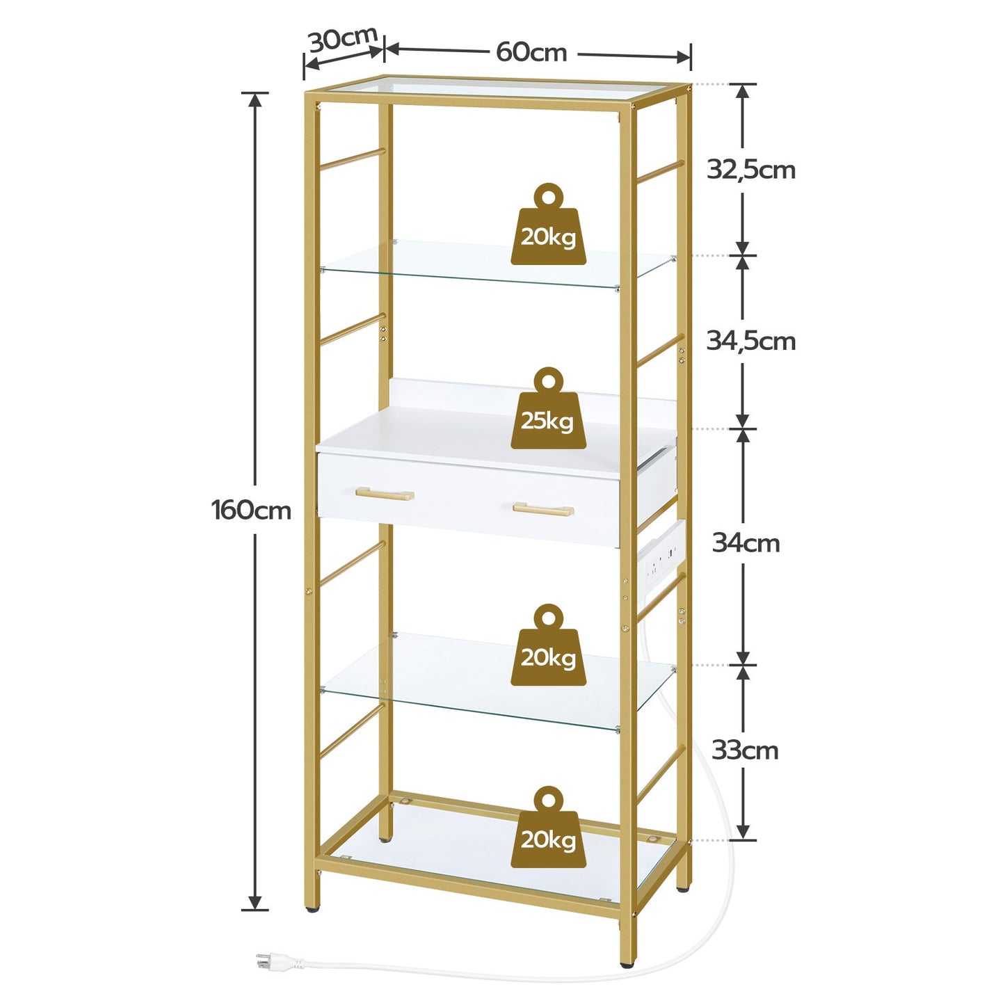 Bookcase with Charging Station, Drawers - gold