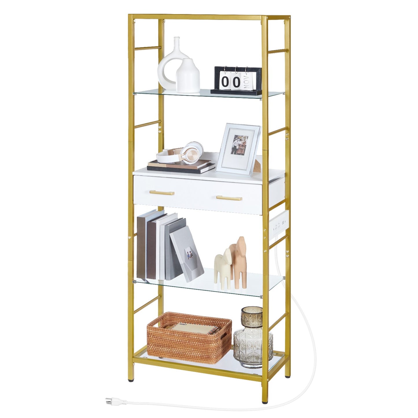 Bookcase with Charging Station, Drawers - gold