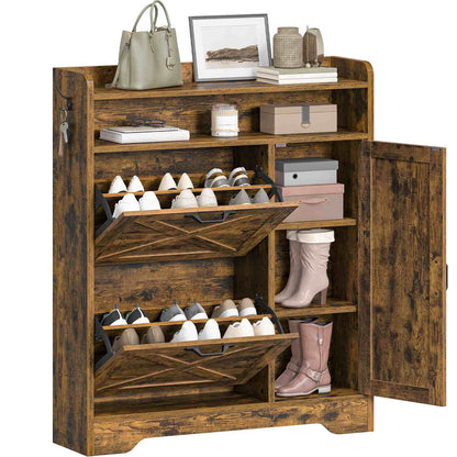 Shoe Storage Cabinet with 2 Flip Drawers - Rustic Brown