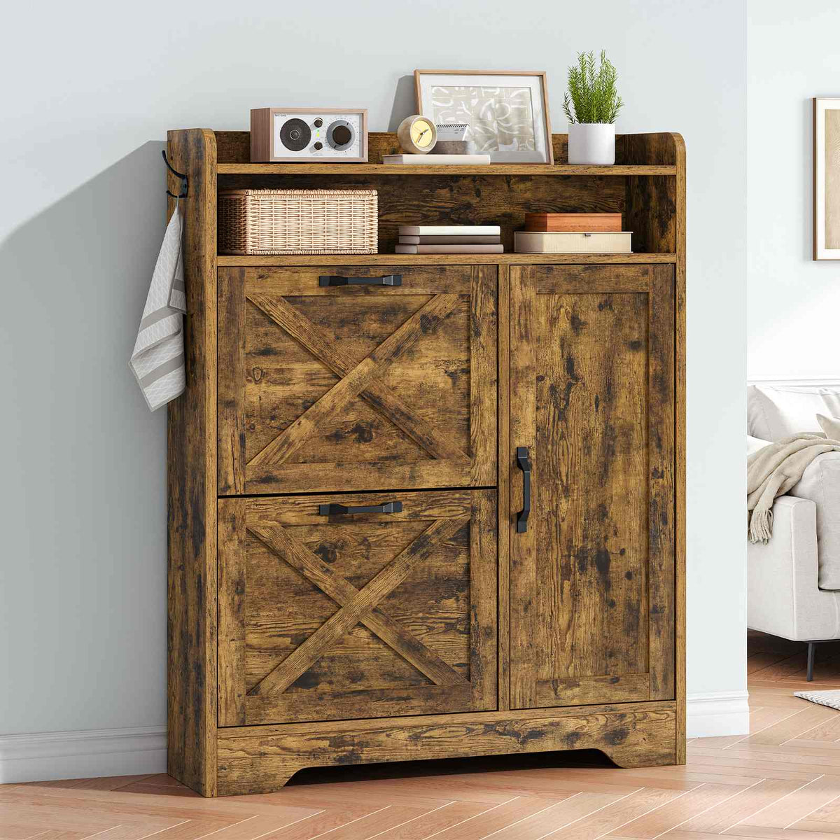 Shoe Storage Cabinet with 2 Flip Drawers - Rustic Brown