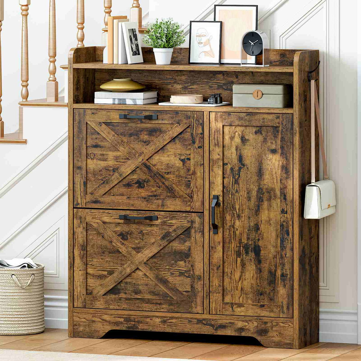 Shoe Storage Cabinet with 2 Flip Drawers - Rustic Brown