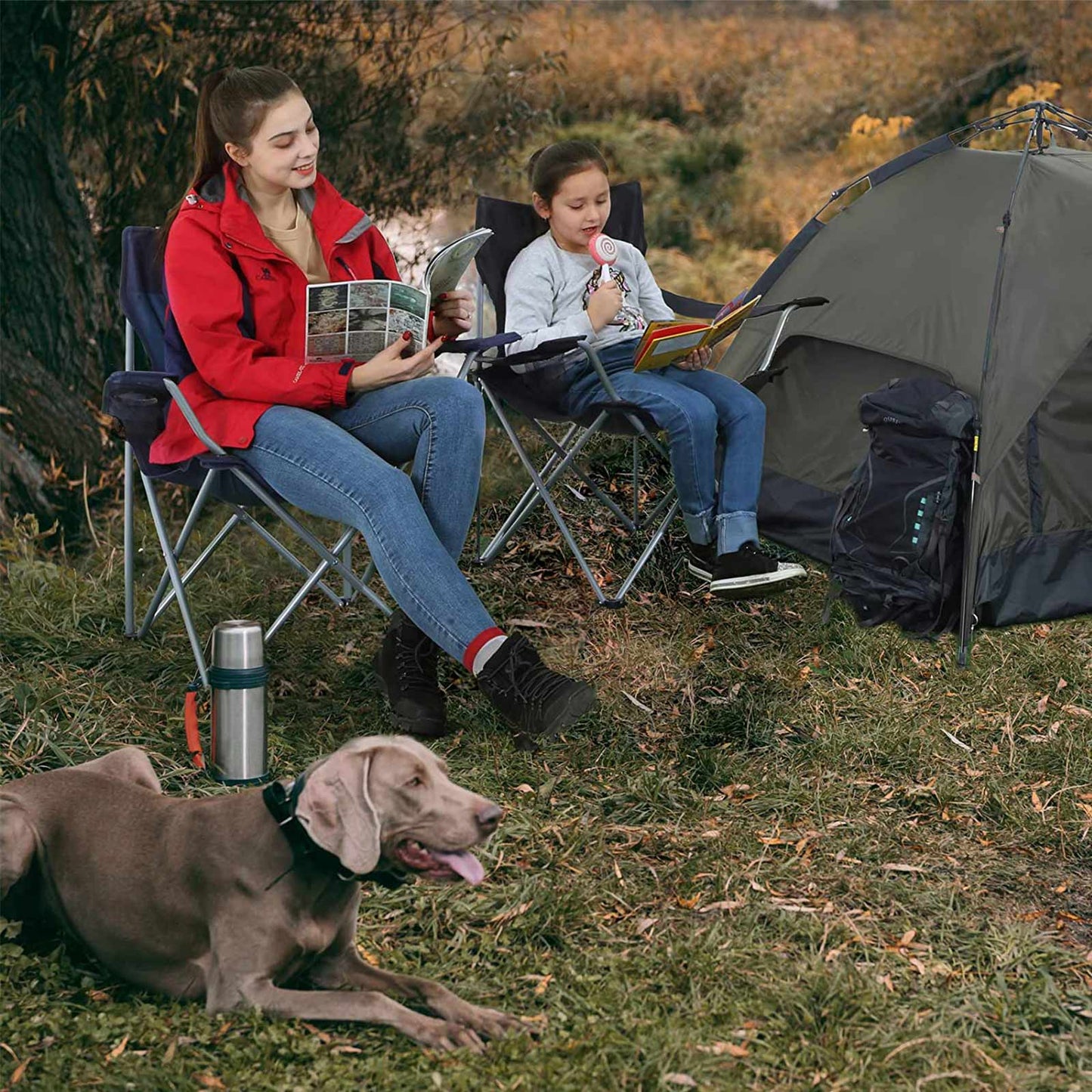 Set of 2 Blue Portable Camping Chairs with Armrest - image 3