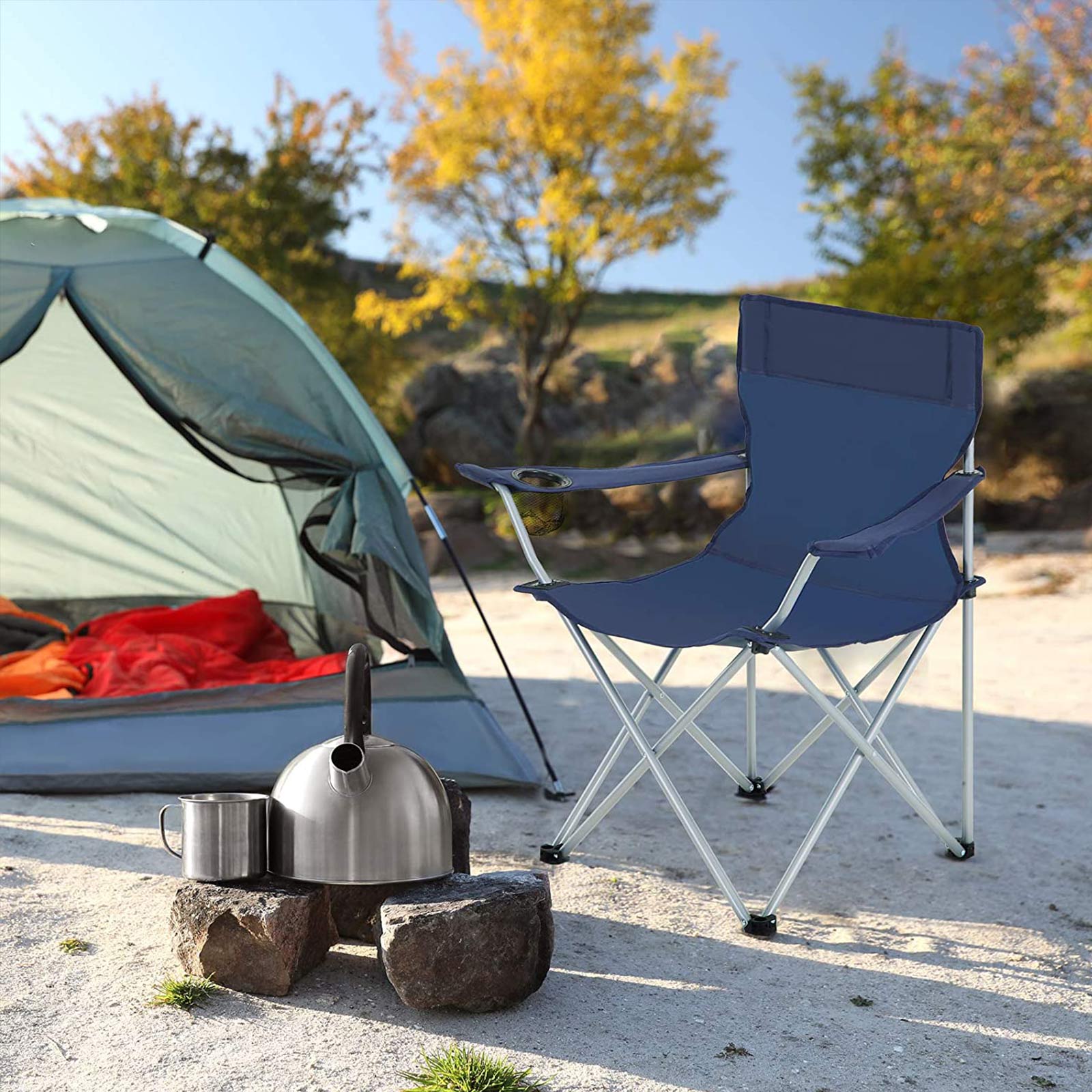 Set of 2 Blue Portable Camping Chairs with Armrest - image 4