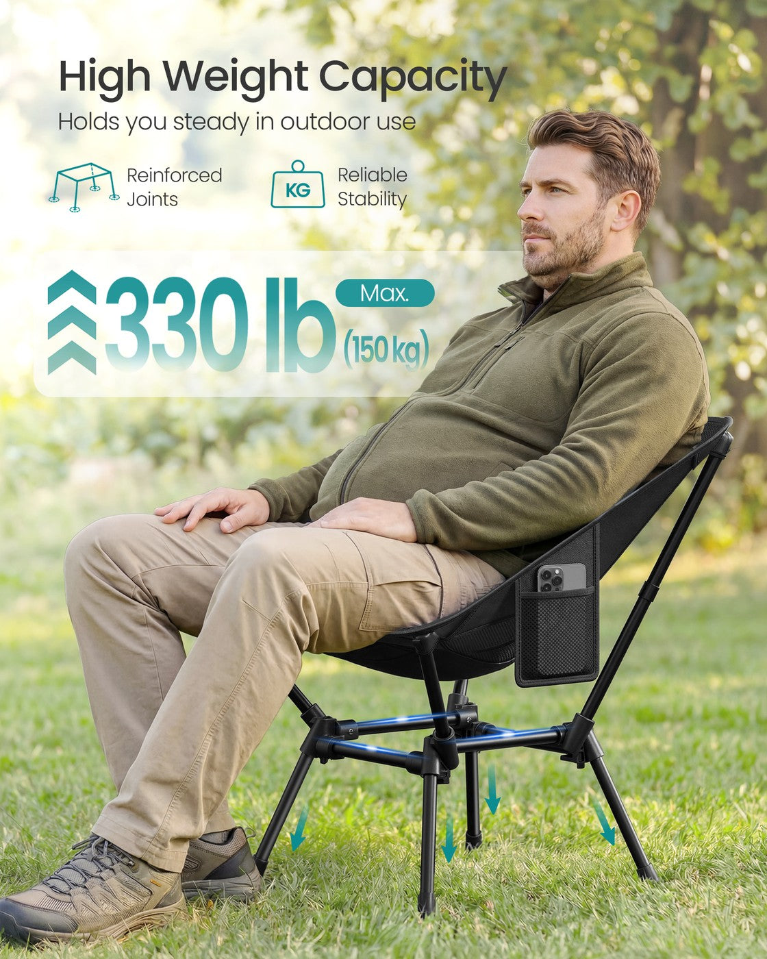 Camping Chair Supports 150 kg 2 Storage Pockets Black - image 3