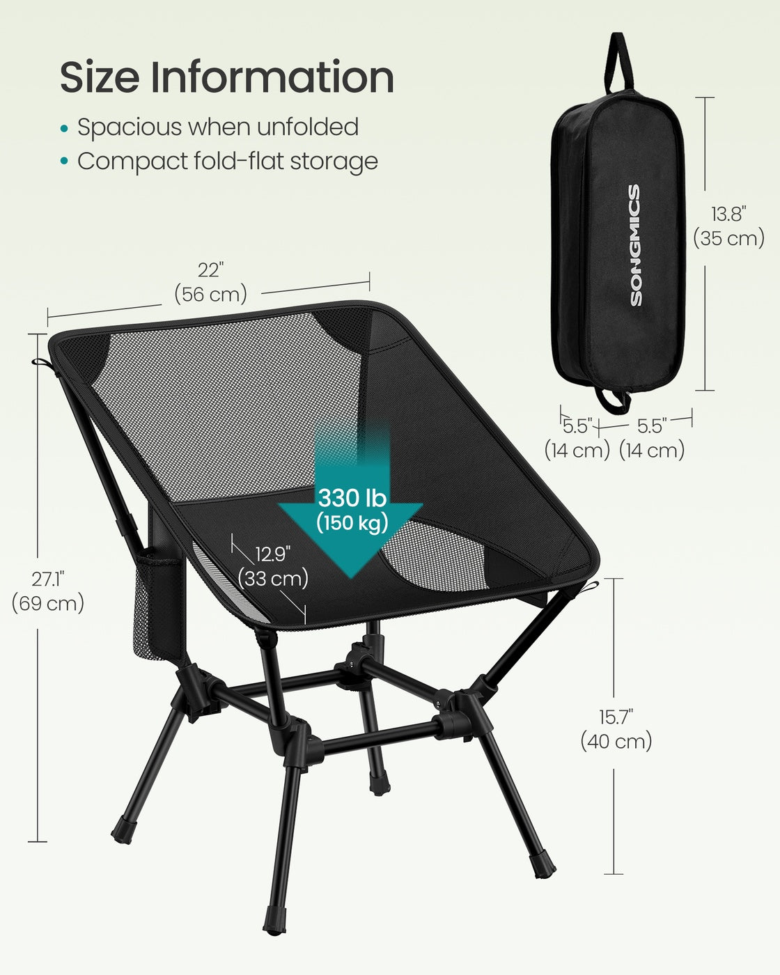 Camping Chair Supports 150 kg 2 Storage Pockets Black - image 5