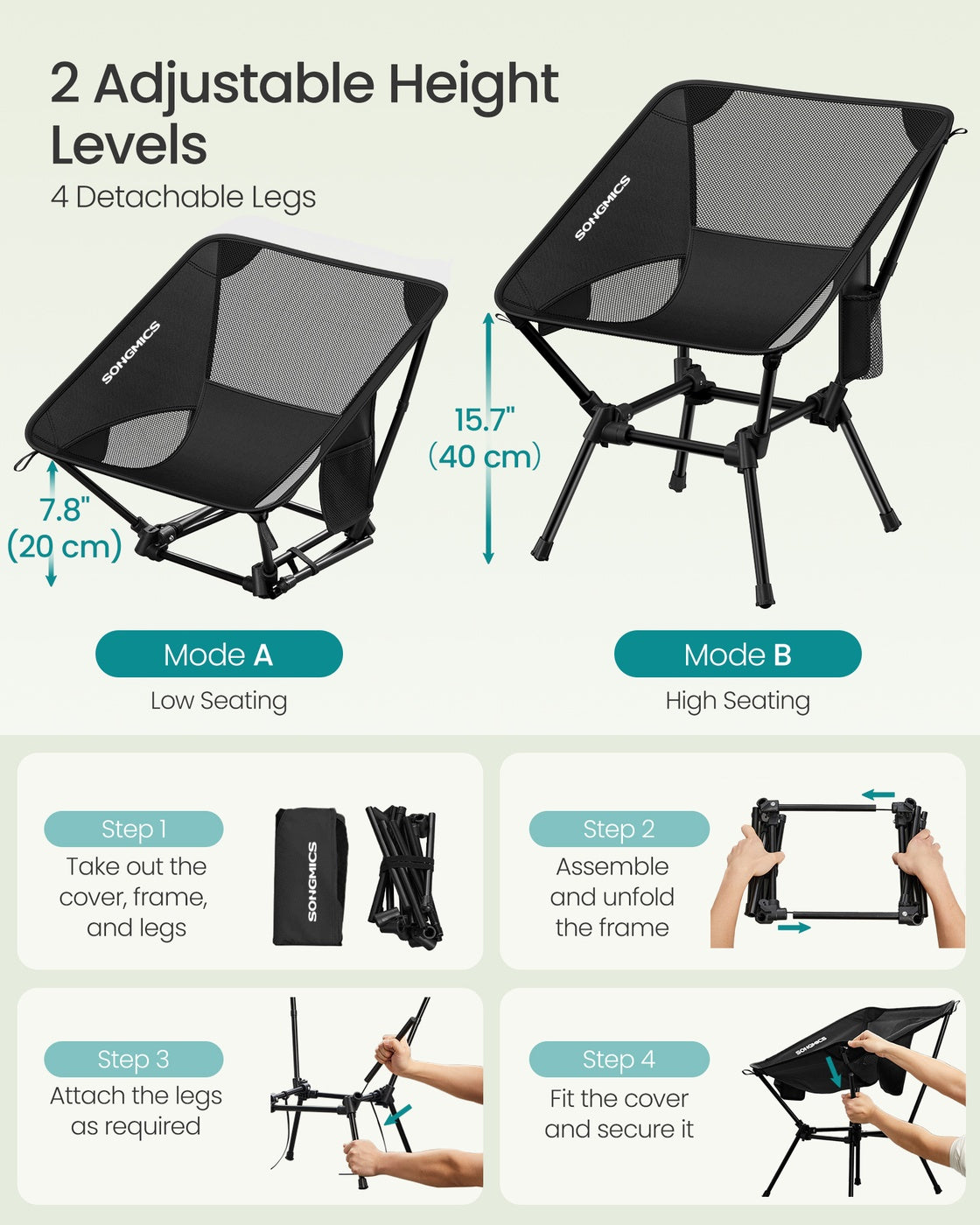 Camping Chair Supports 150 kg 2 Storage Pockets Black - image 6