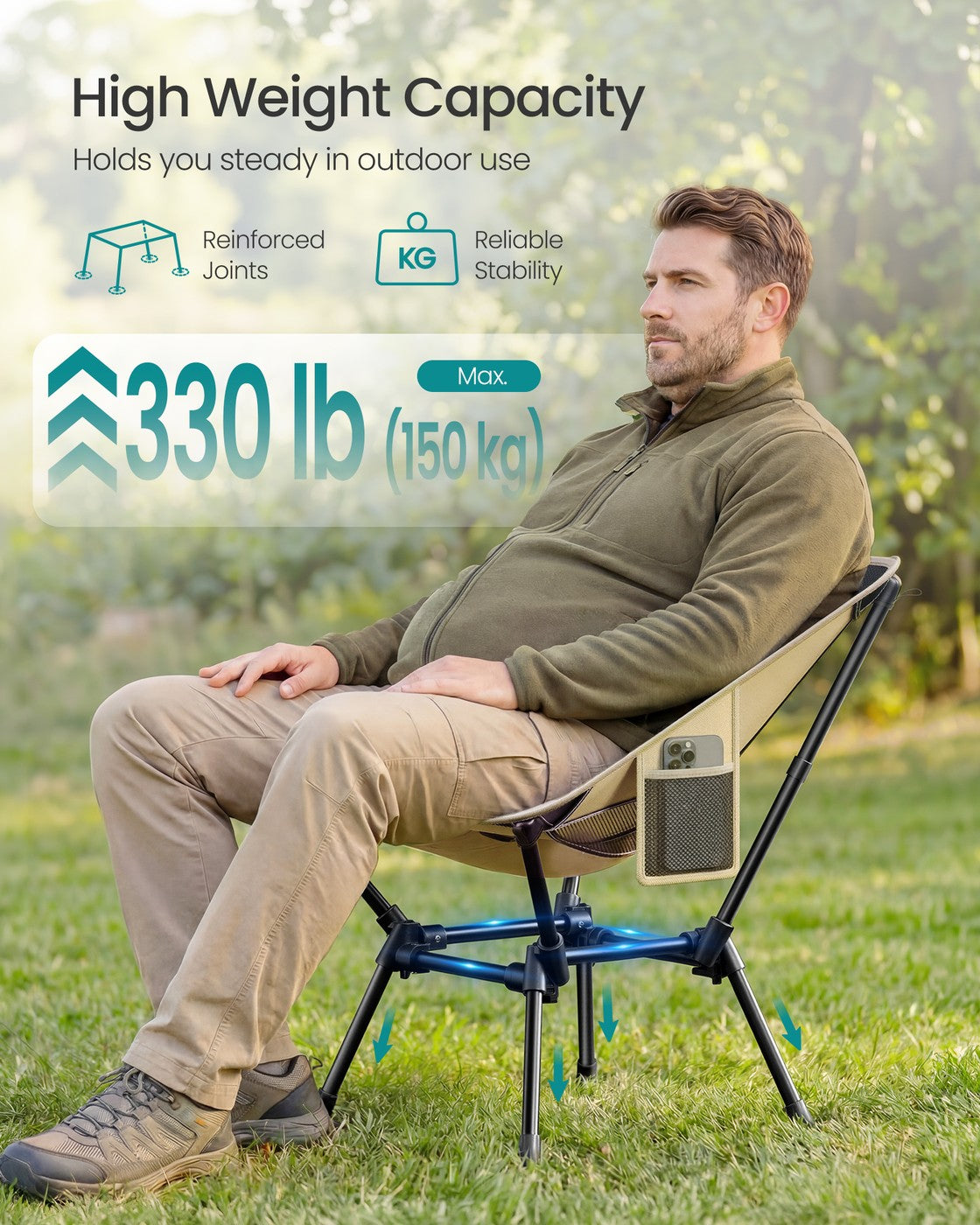 Camping Chair Supports 150 kg 2 Storage Pockets Black - image 9