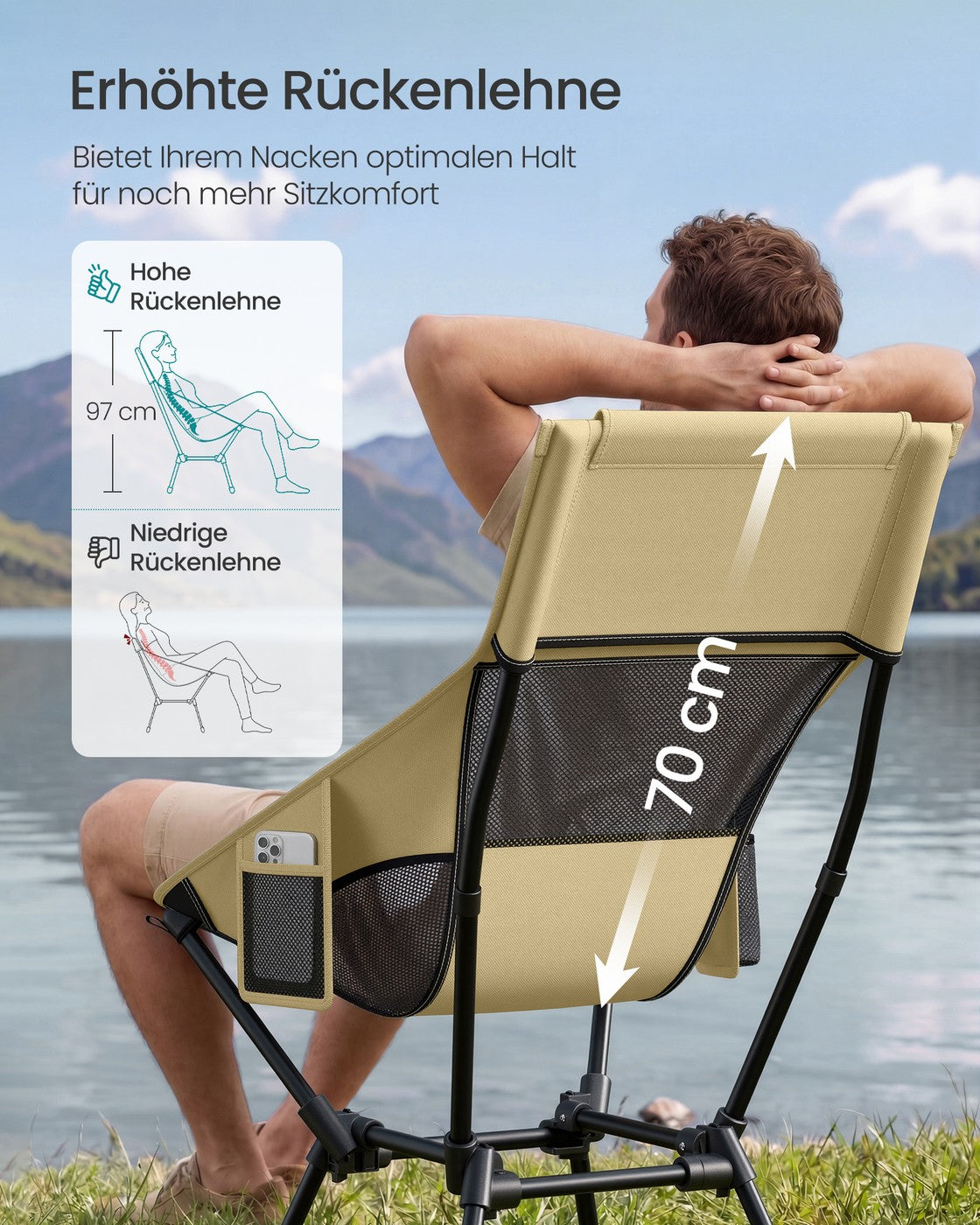 High Back Camping Chair Adjustable Height 2 Pockets Brown