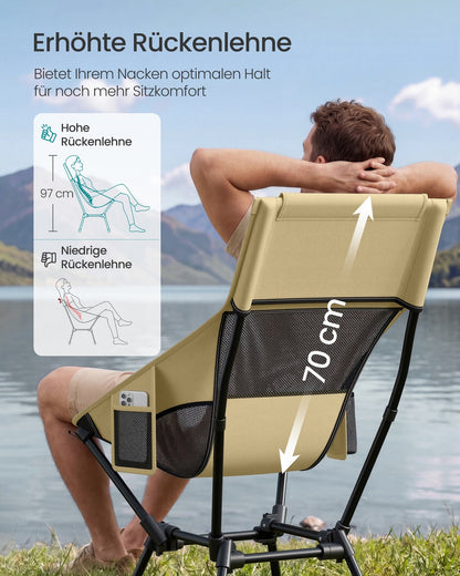 High Back Camping Chair Adjustable Height 2 Pockets Brown