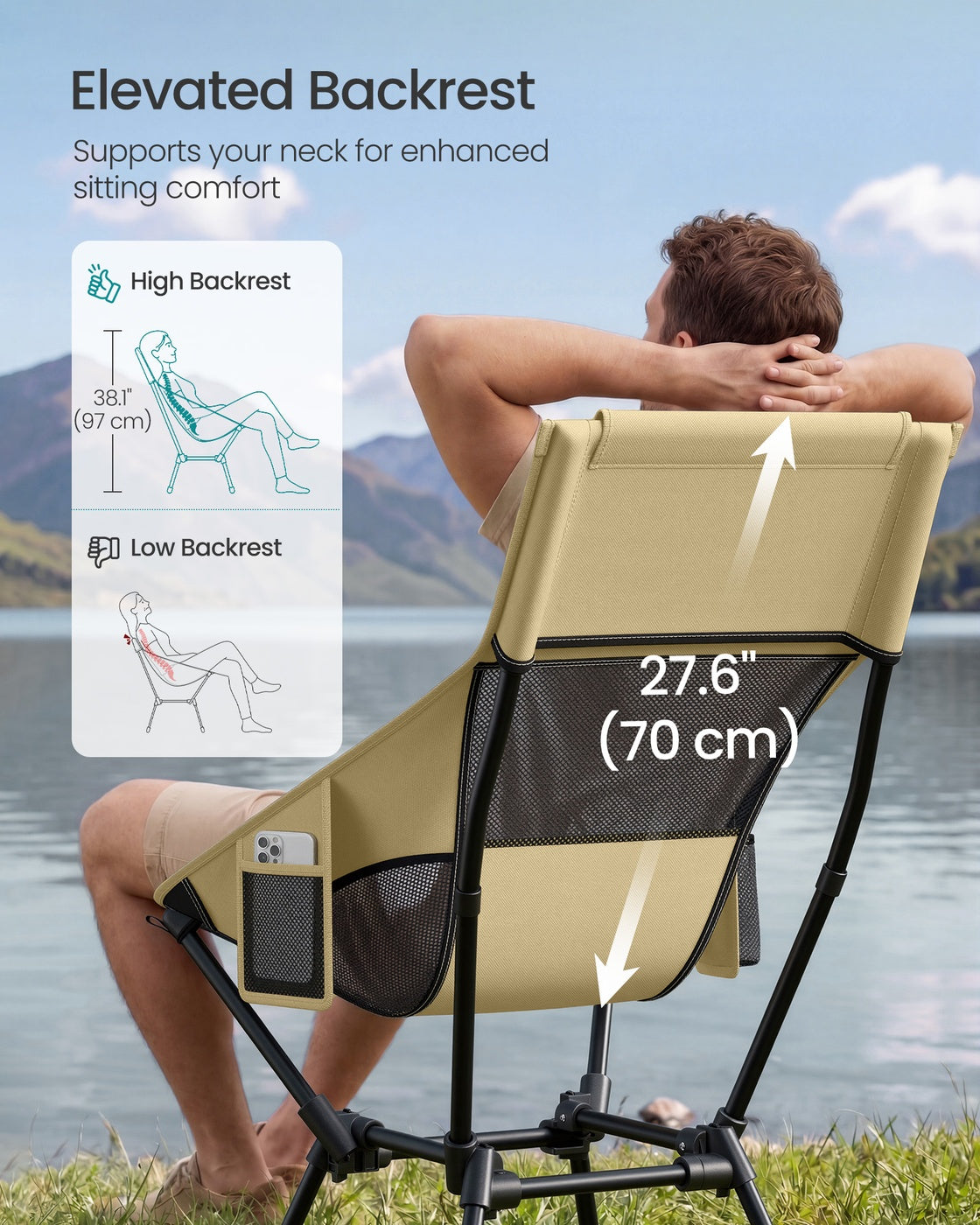 High Back Camping Chair Adjustable Height 2 Pockets Brown - image 3