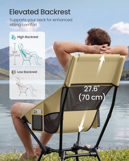 High Back Camping Chair Adjustable Height 2 Pockets Brown - image 3