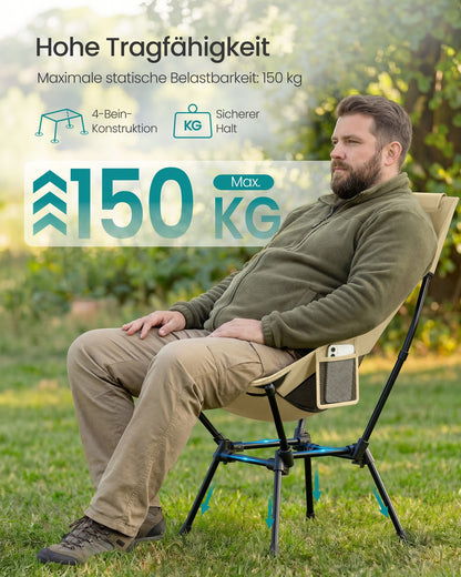 High Back Camping Chair Adjustable Height 2 Pockets Brown