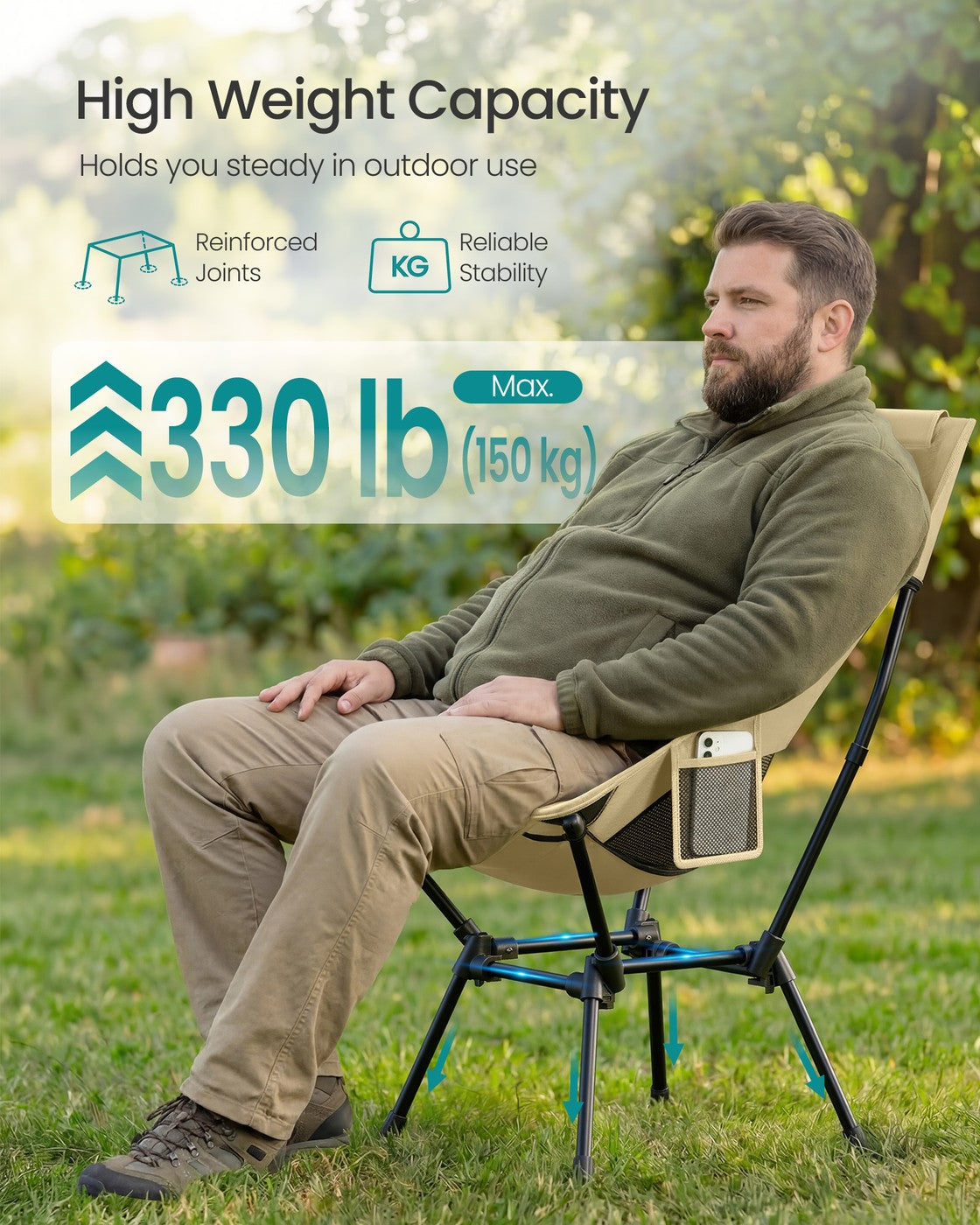High Back Camping Chair Adjustable Height 2 Pockets Brown - image 4