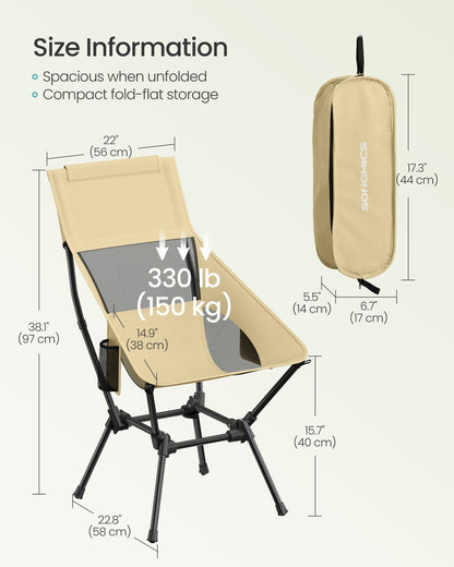 High Back Camping Chair Adjustable Height 2 Pockets Brown - image 6