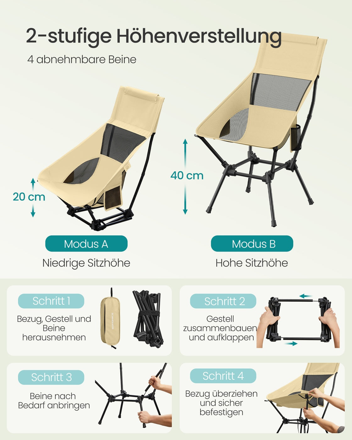 High Back Camping Chair Adjustable Height 2 Pockets Brown