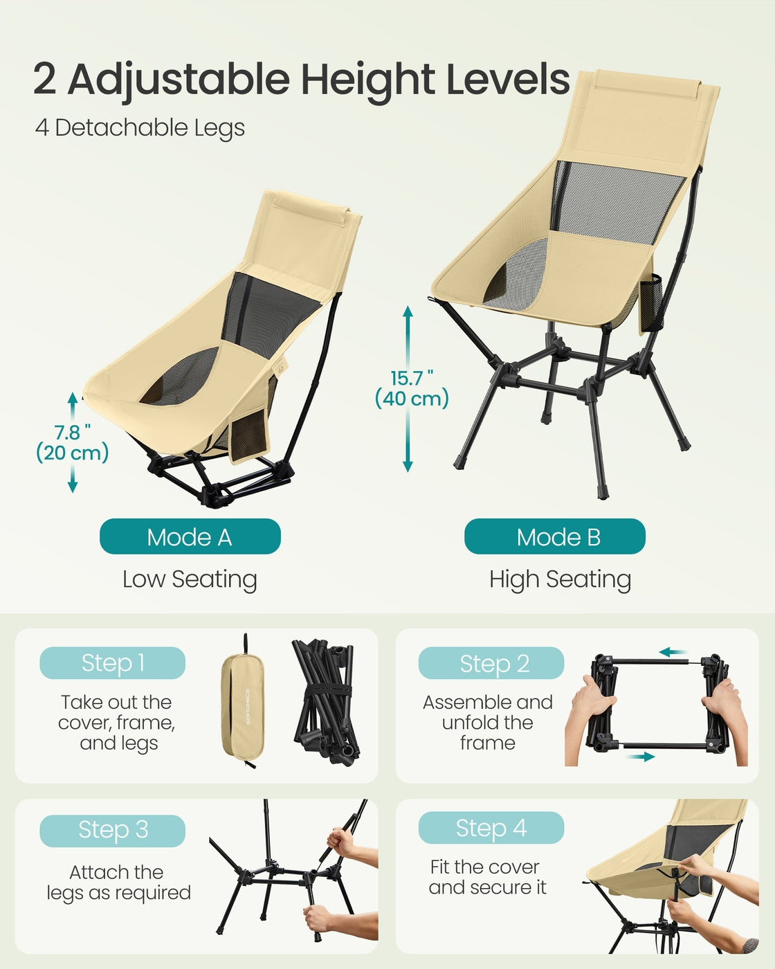 High Back Camping Chair Adjustable Height 2 Pockets Brown - image 7