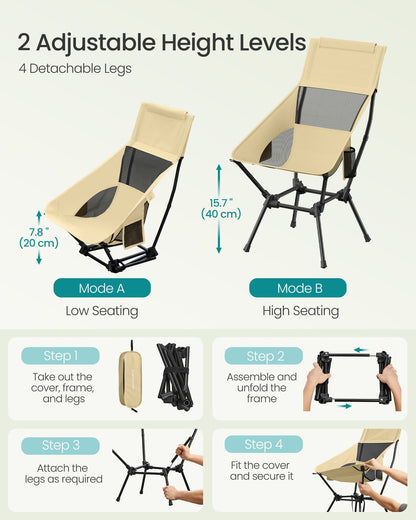 High Back Camping Chair Adjustable Height 2 Pockets Brown - image 7