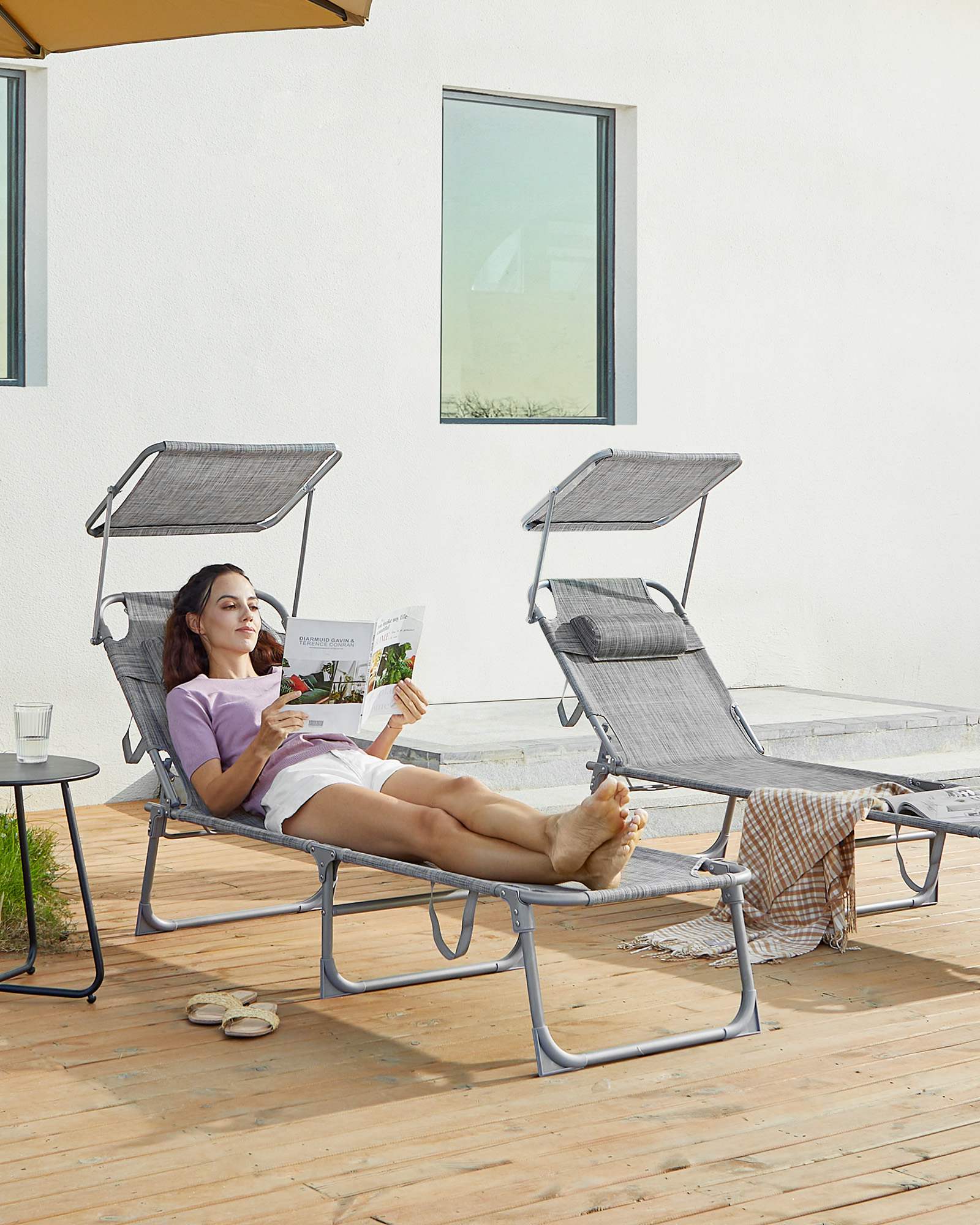 Sun Lounger with Sunshade Headrest Adjustable Backrest - HWLEXTRA 