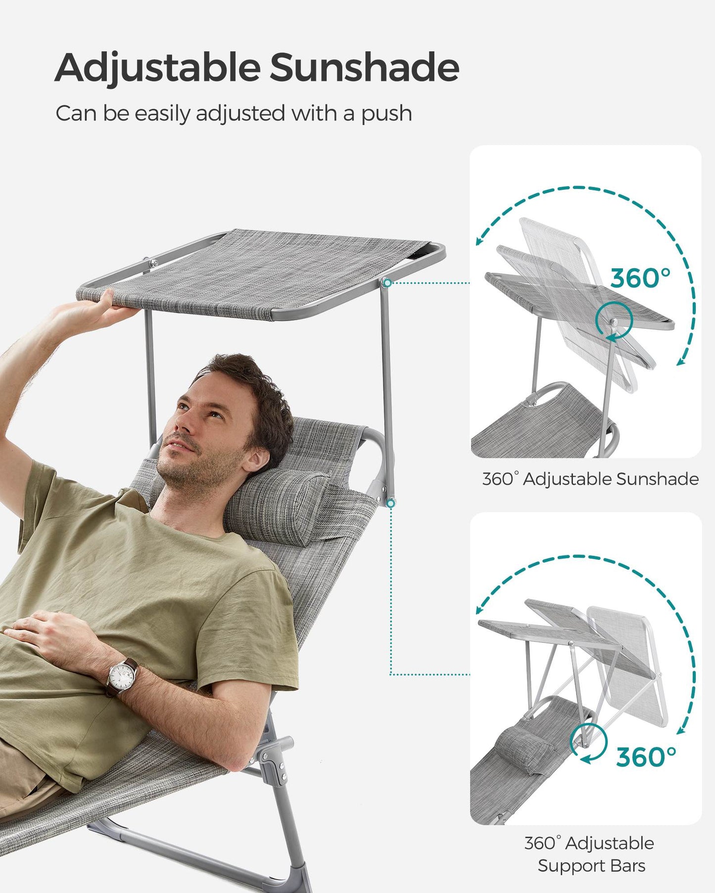 Sun Lounger with Sunshade Headrest Adjustable Backrest - HWLEXTRA 