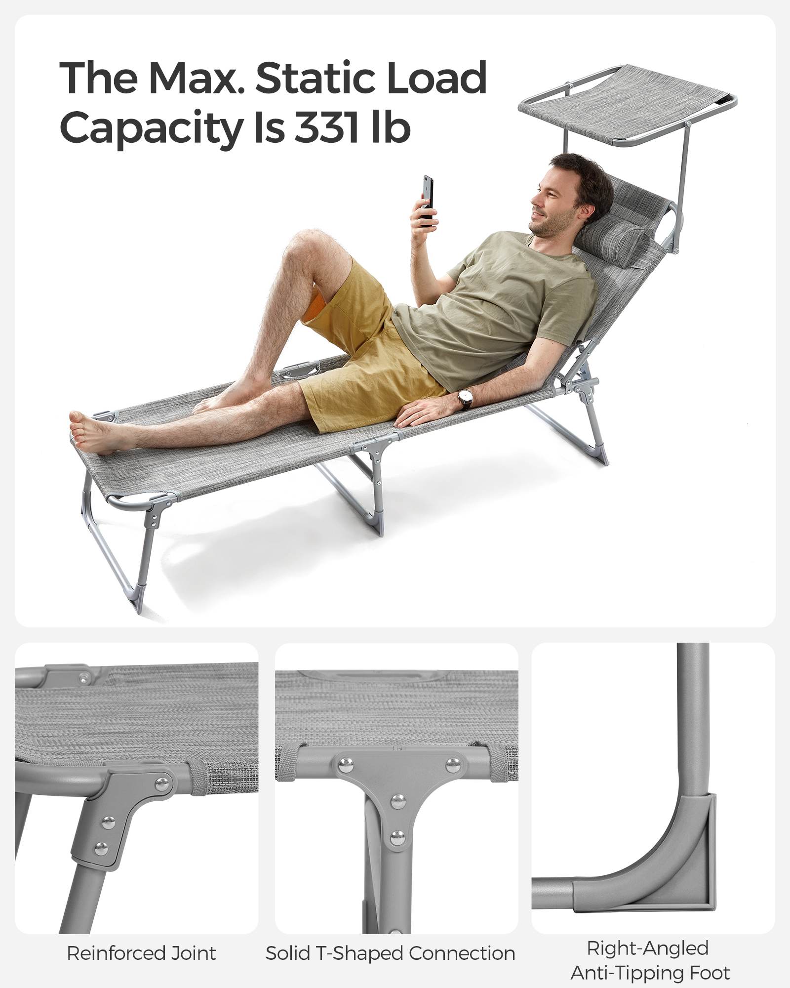 Sun Lounger with Sunshade Headrest Adjustable Backrest - HWLEXTRA 