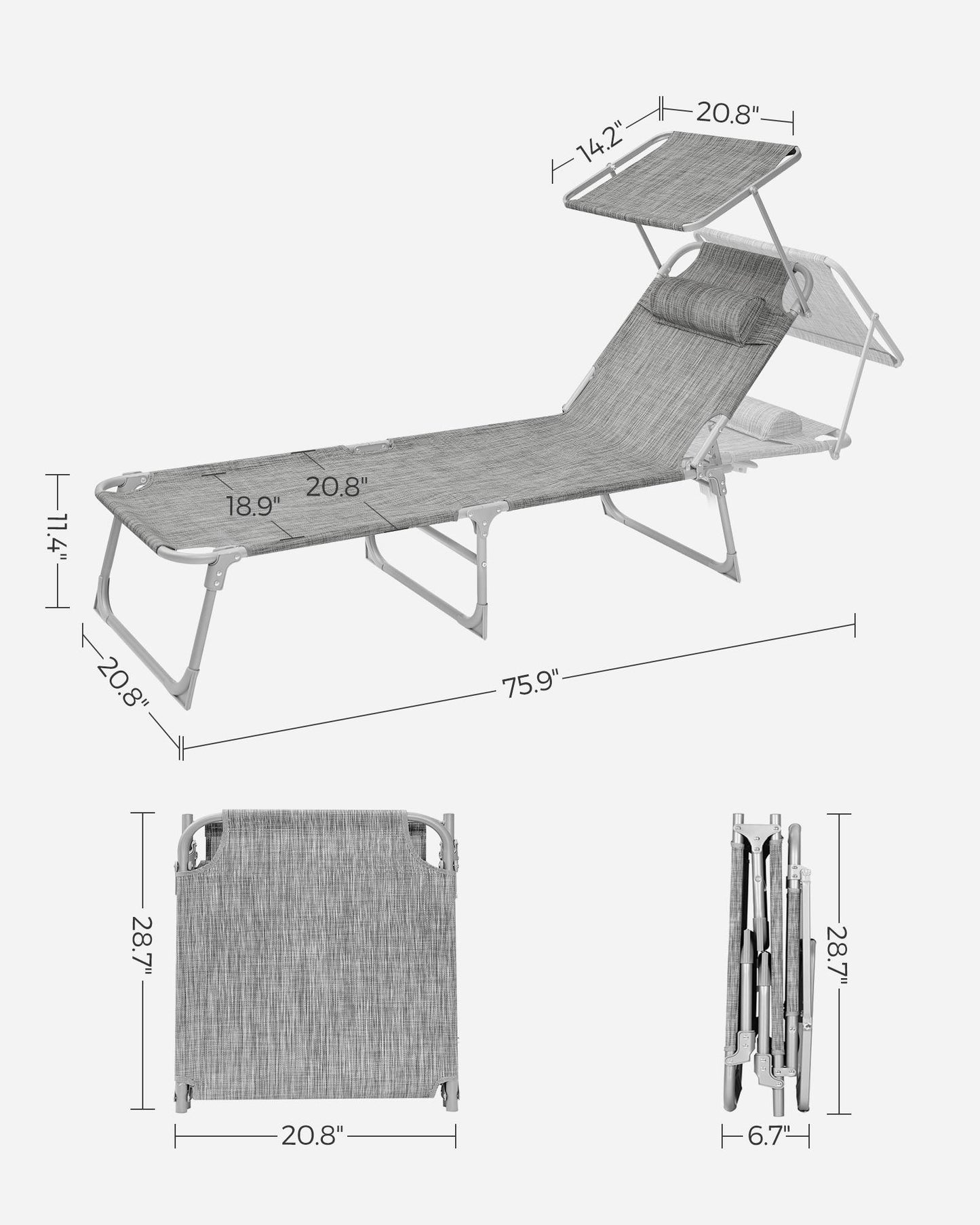 Sun Lounger with Sunshade Headrest Adjustable Backrest - HWLEXTRA 