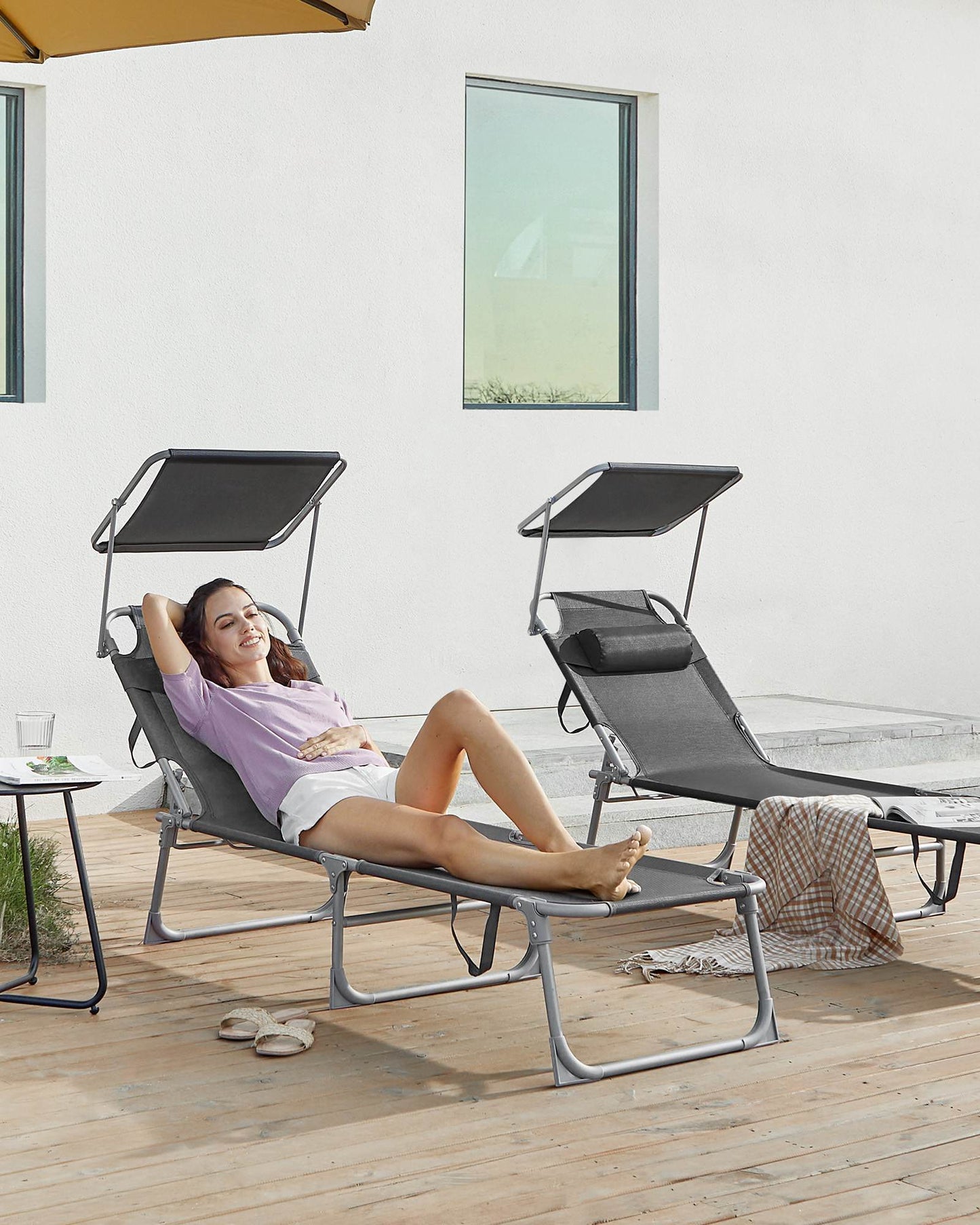 Sun Lounger with Sunshade Headrest Adjustable Backrest - HWLEXTRA 