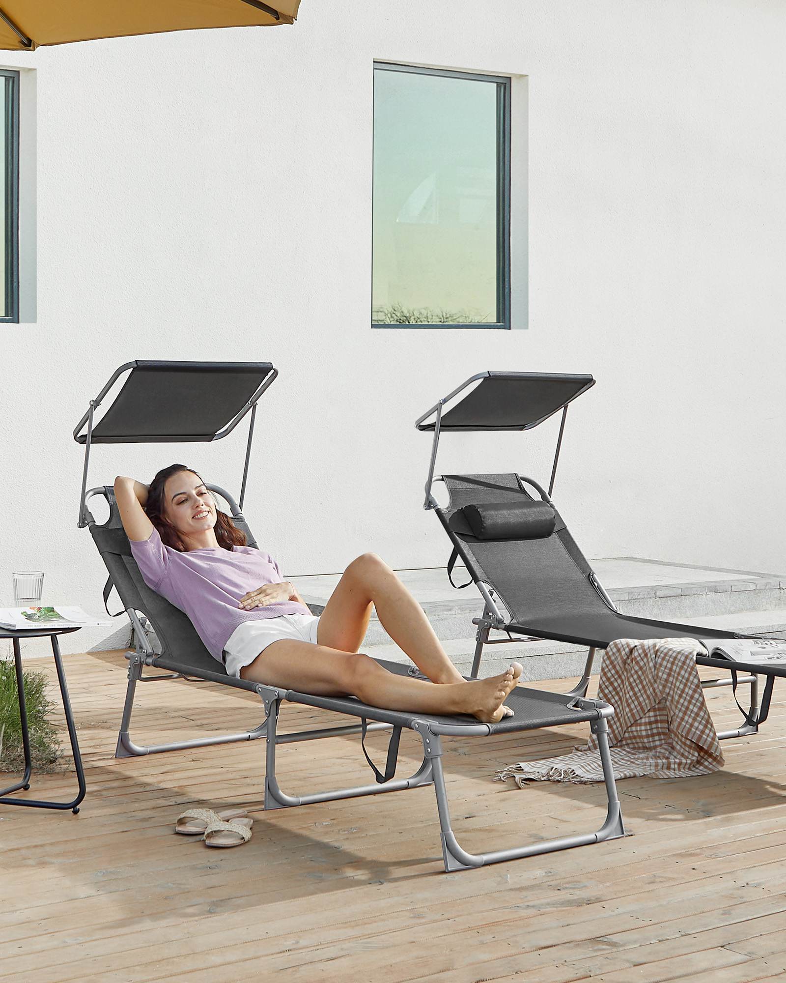 Sun Lounger with Sunshade Headrest Adjustable Backrest - HWLEXTRA 