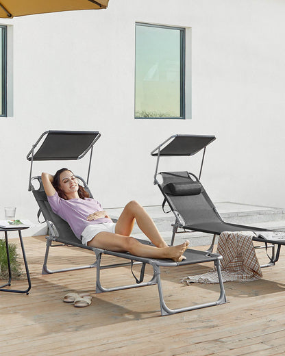 Sun Lounger with Sunshade Headrest Adjustable Backrest - HWLEXTRA 