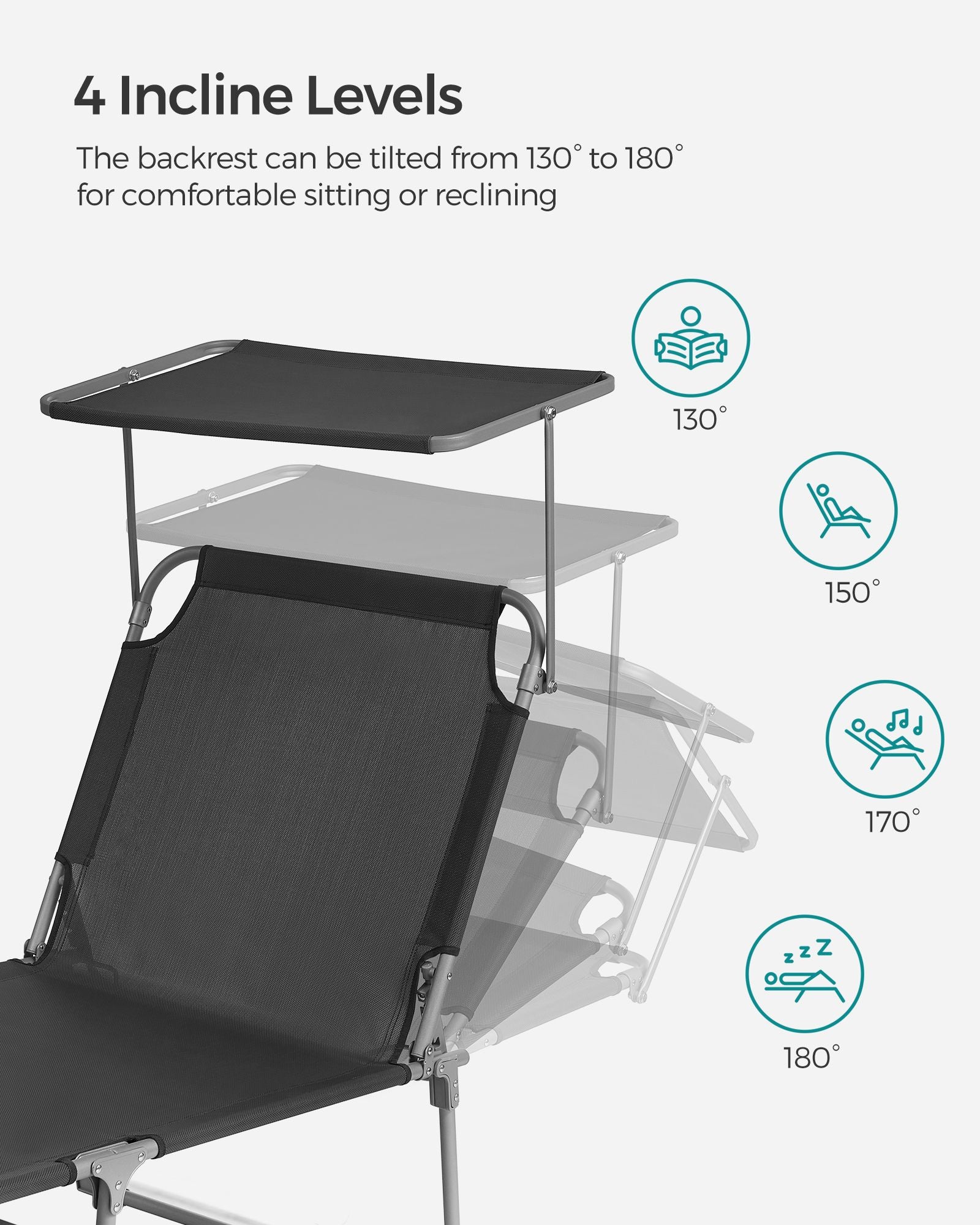 Sun Lounger with Sunshade Headrest Adjustable Backrest - HWLEXTRA 