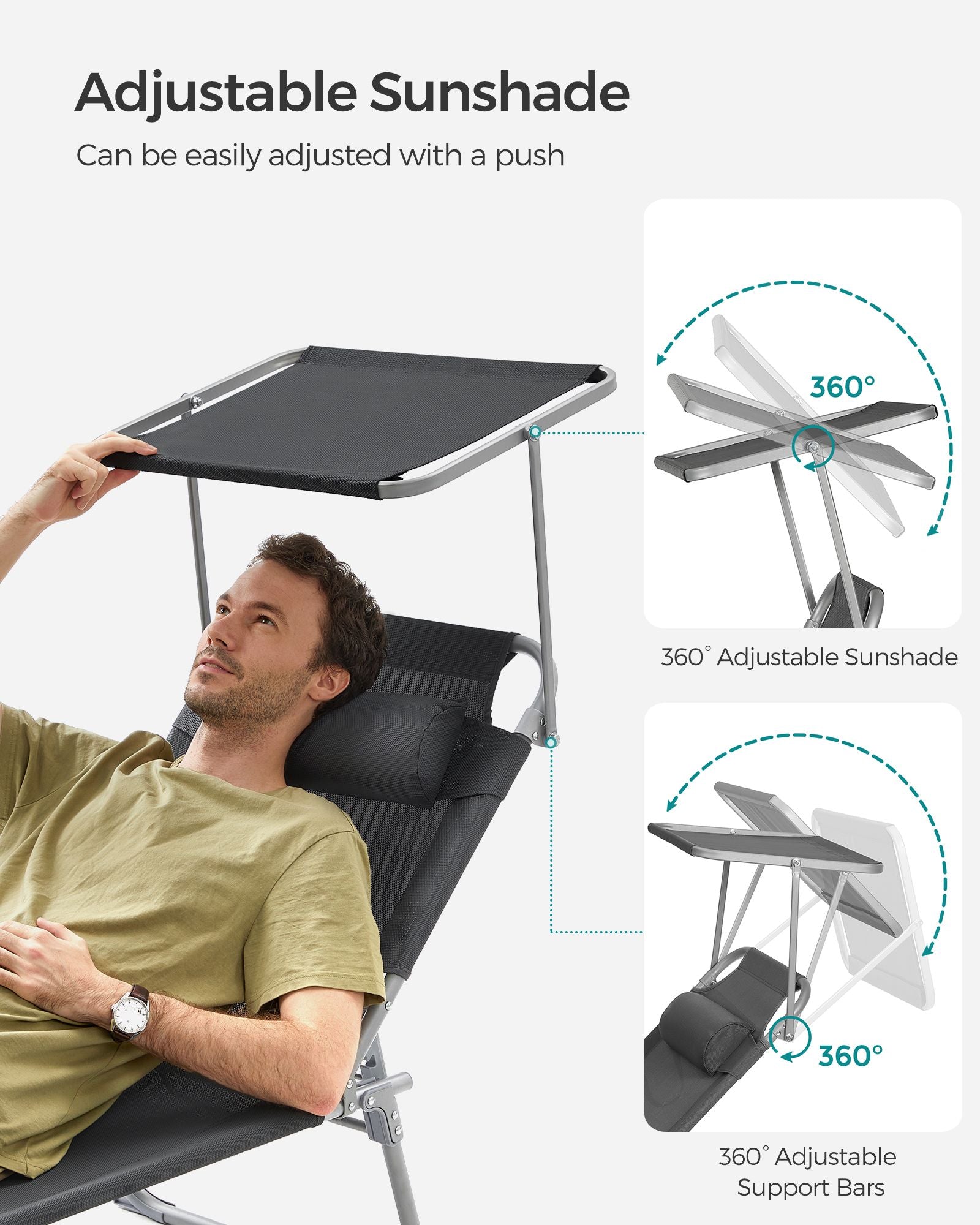Sun Lounger with Sunshade Headrest Adjustable Backrest - HWLEXTRA 