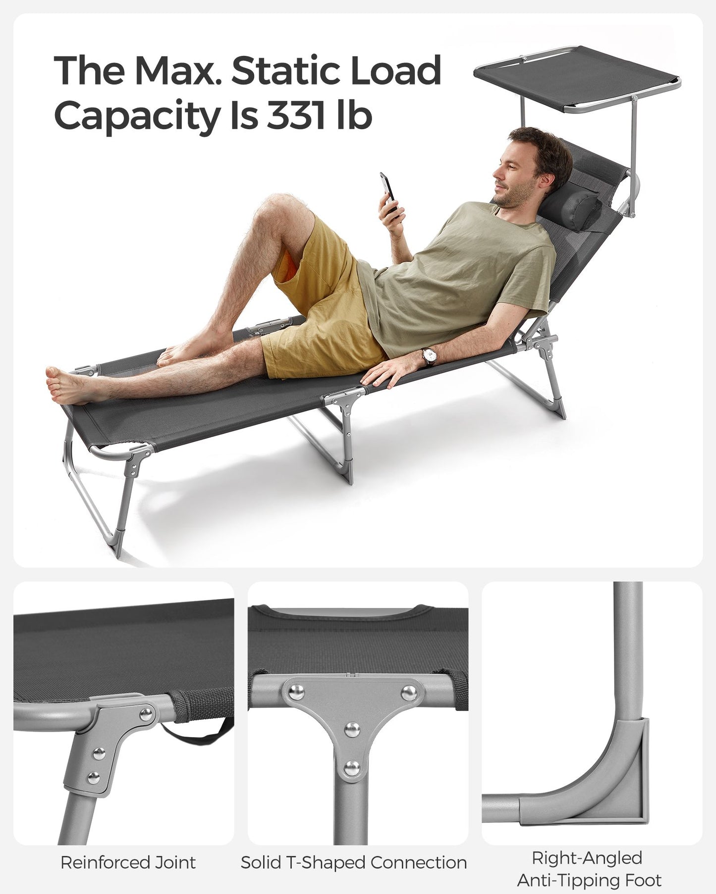 Sun Lounger with Sunshade Headrest Adjustable Backrest - HWLEXTRA 