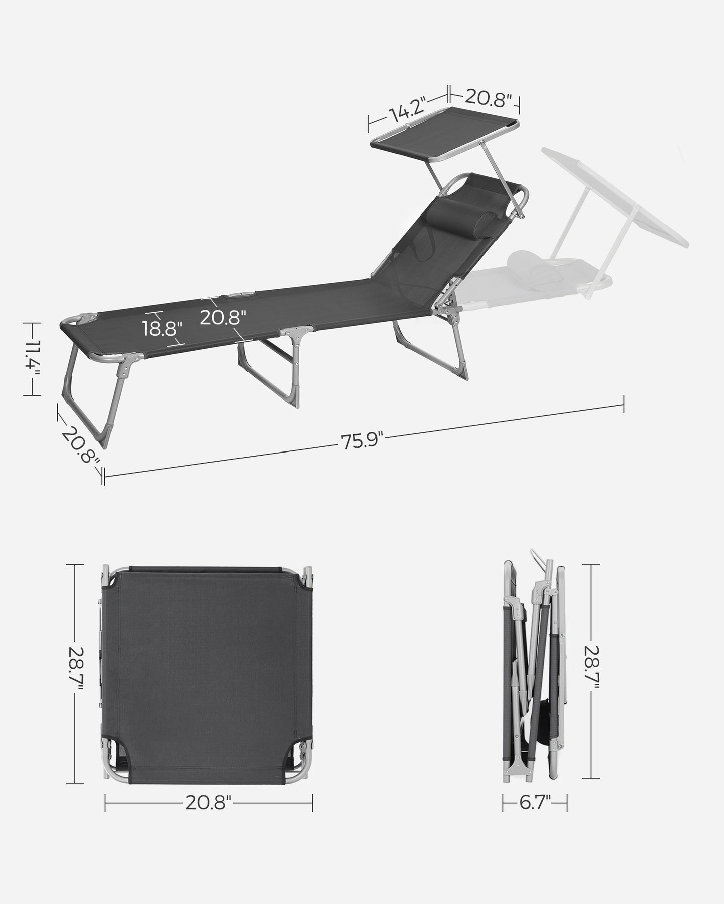 Sun Lounger with Sunshade Headrest Adjustable Backrest - HWLEXTRA 