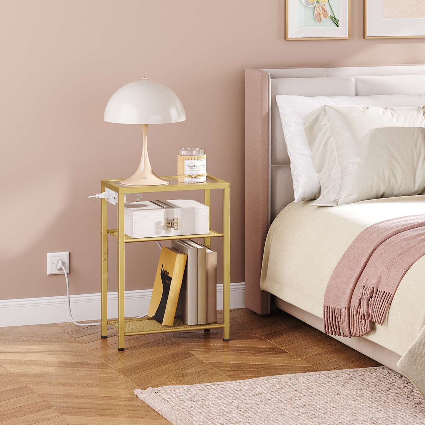 End Table with Charging Station with Storage - Gold
