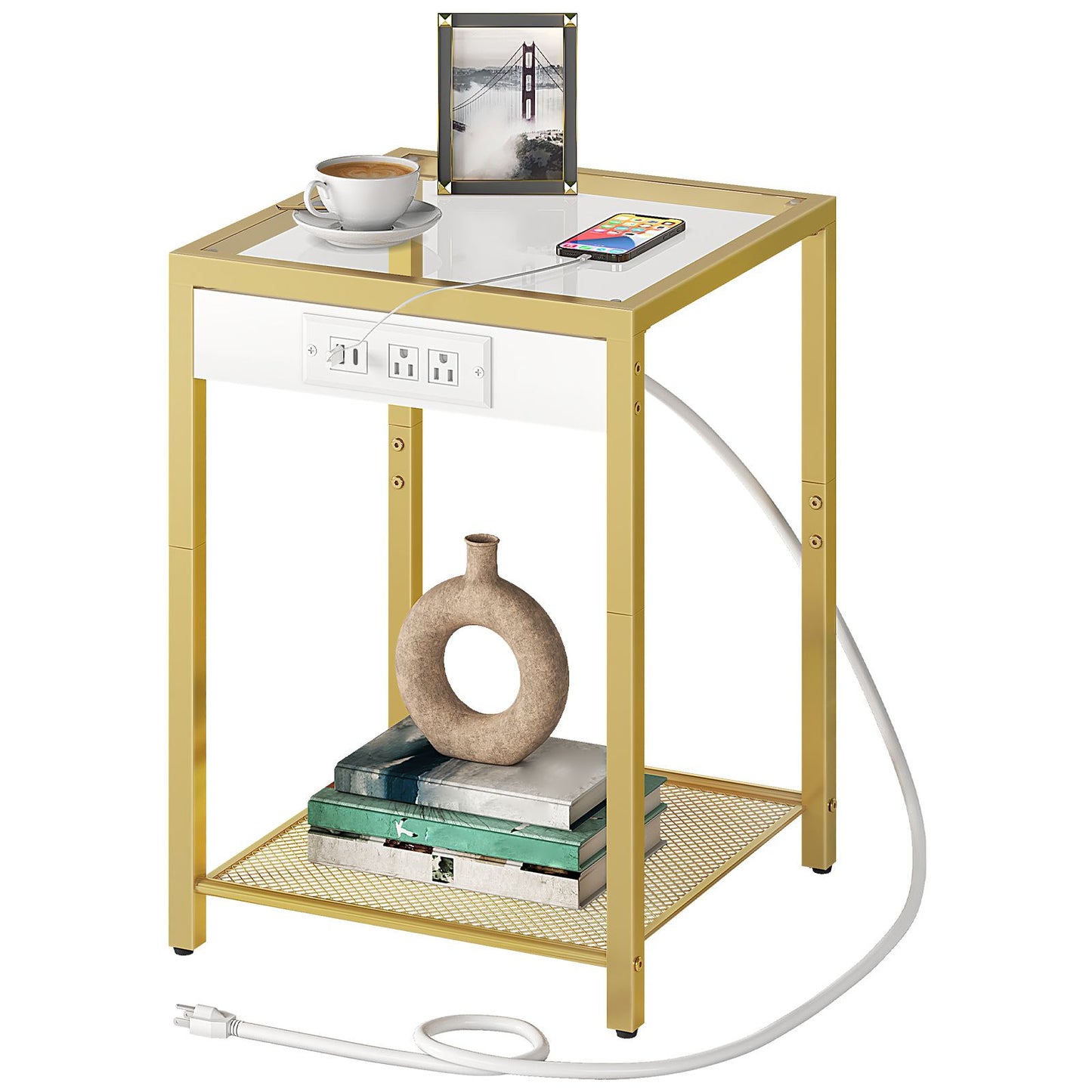 Side Table with Charging Station - Gold