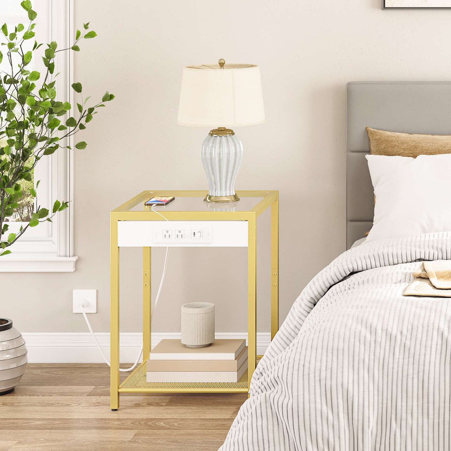 Side Table with Charging Station - Gold