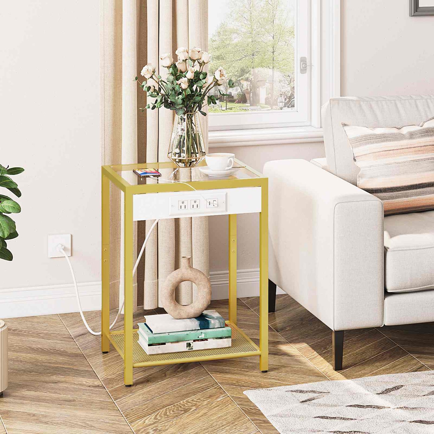 Side Table with Charging Station - Gold
