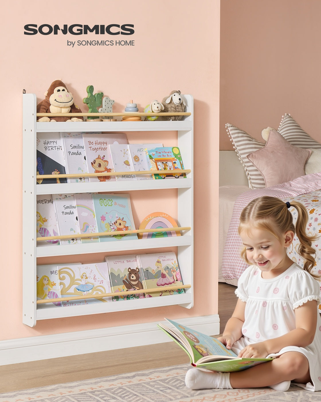 Kids Bookshelf Wall Shelf 3-Tier Children's Bookcase White and Natural - image 8
