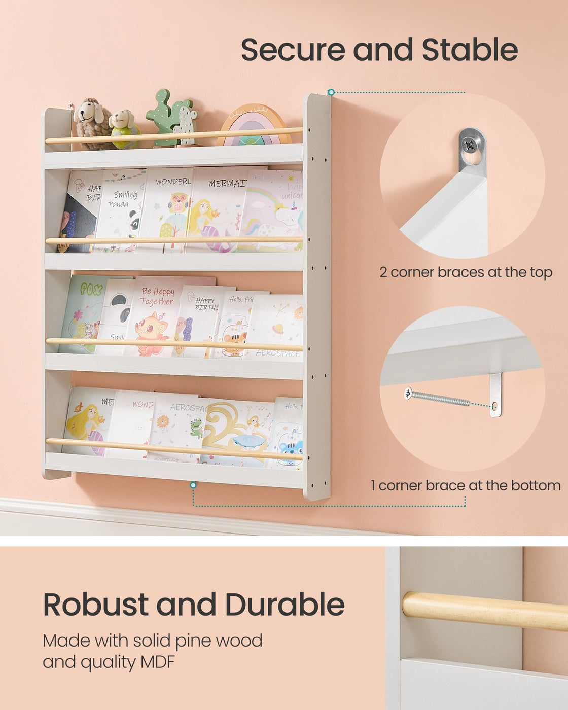 Kids Bookshelf Wall Shelf 3-Tier Children's Bookcase White and Natural - image 9