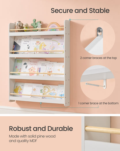 Kids Bookshelf Wall Shelf 3-Tier Children's Bookcase White and Natural - image 9